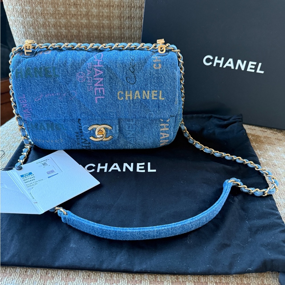 22P Chanel Classic Blue Printed Denim Small Flap Bag Gold HW Crossbody